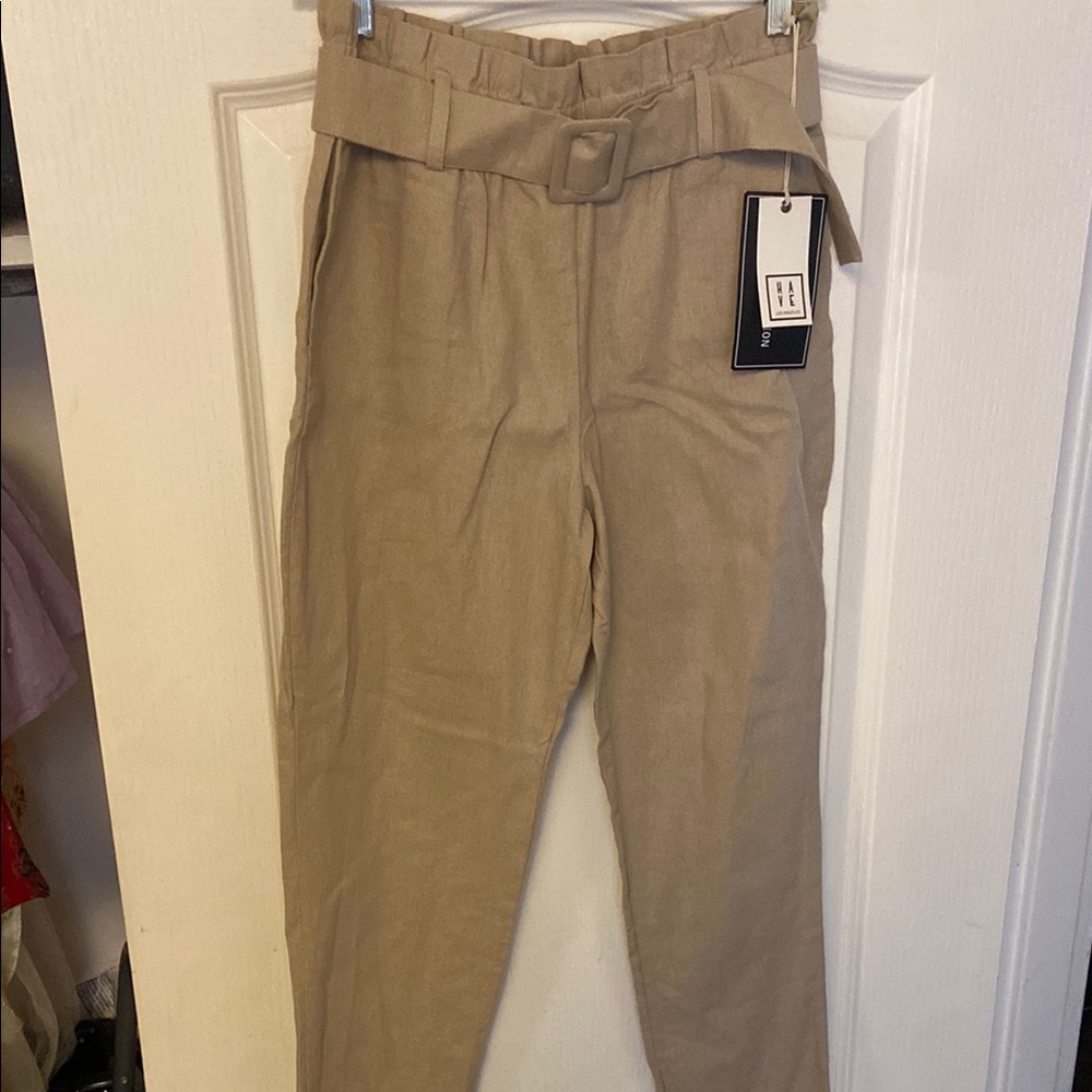 Paper bag linen feel Tan Pants